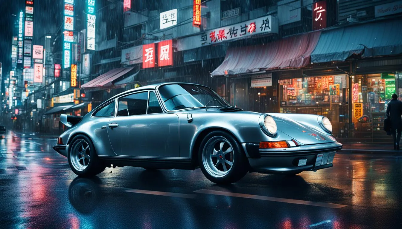 Silver Porsche 911 on rain night
