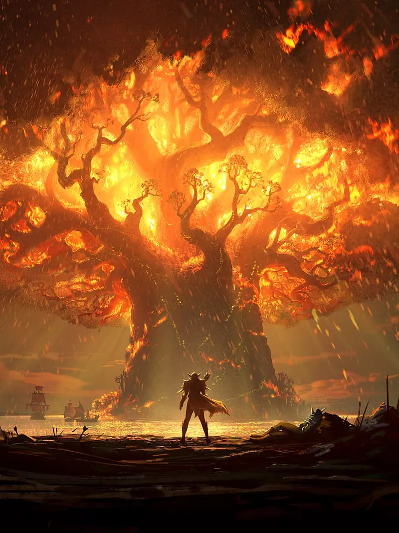 Fire, Tree, Warrior, Sword, Video Game