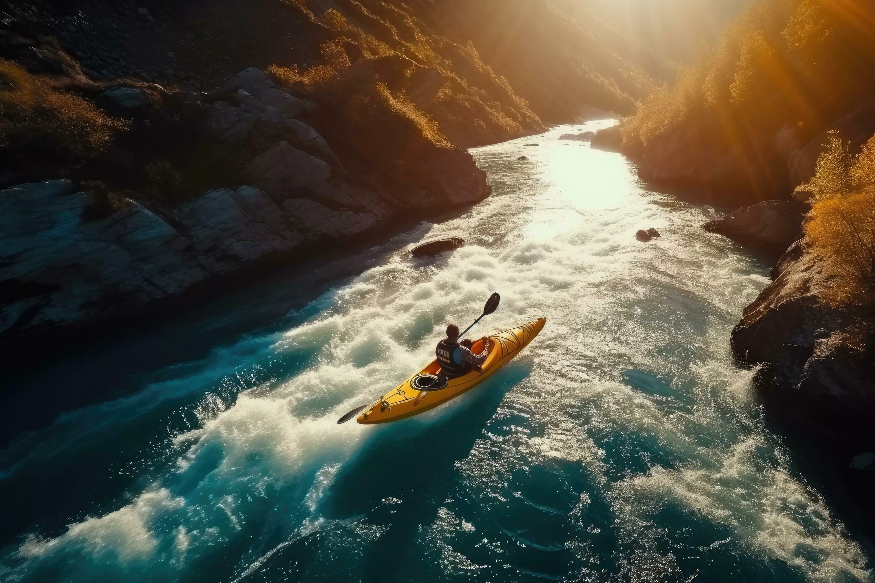 Aerial view of a man kayaking on