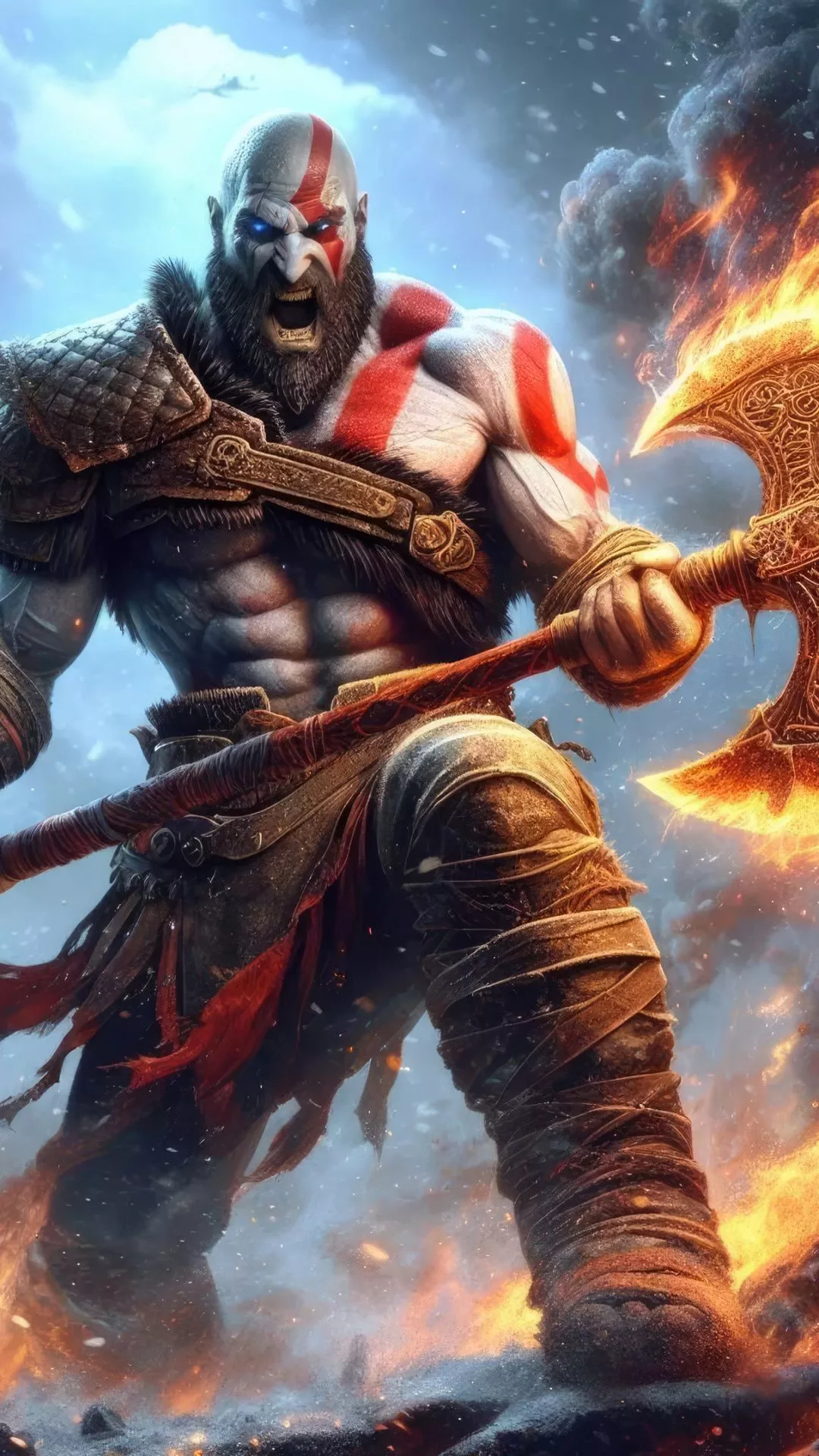 Kratos holding Axe on fire 4K Wallpaper