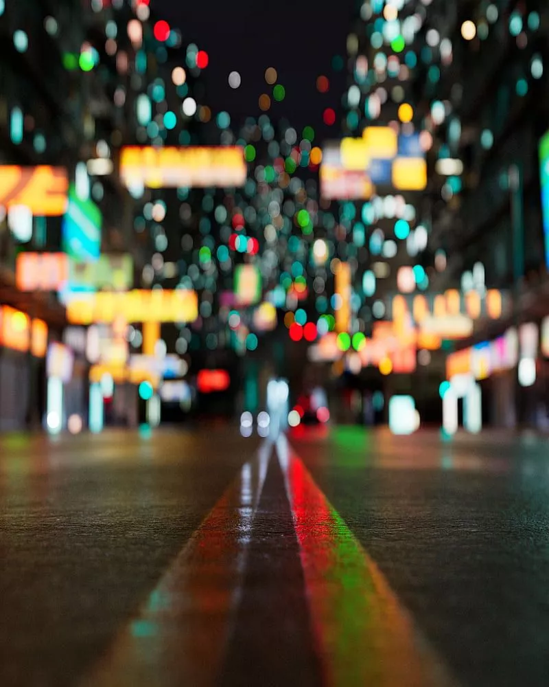 Bokeh, night, lights, street art, wet