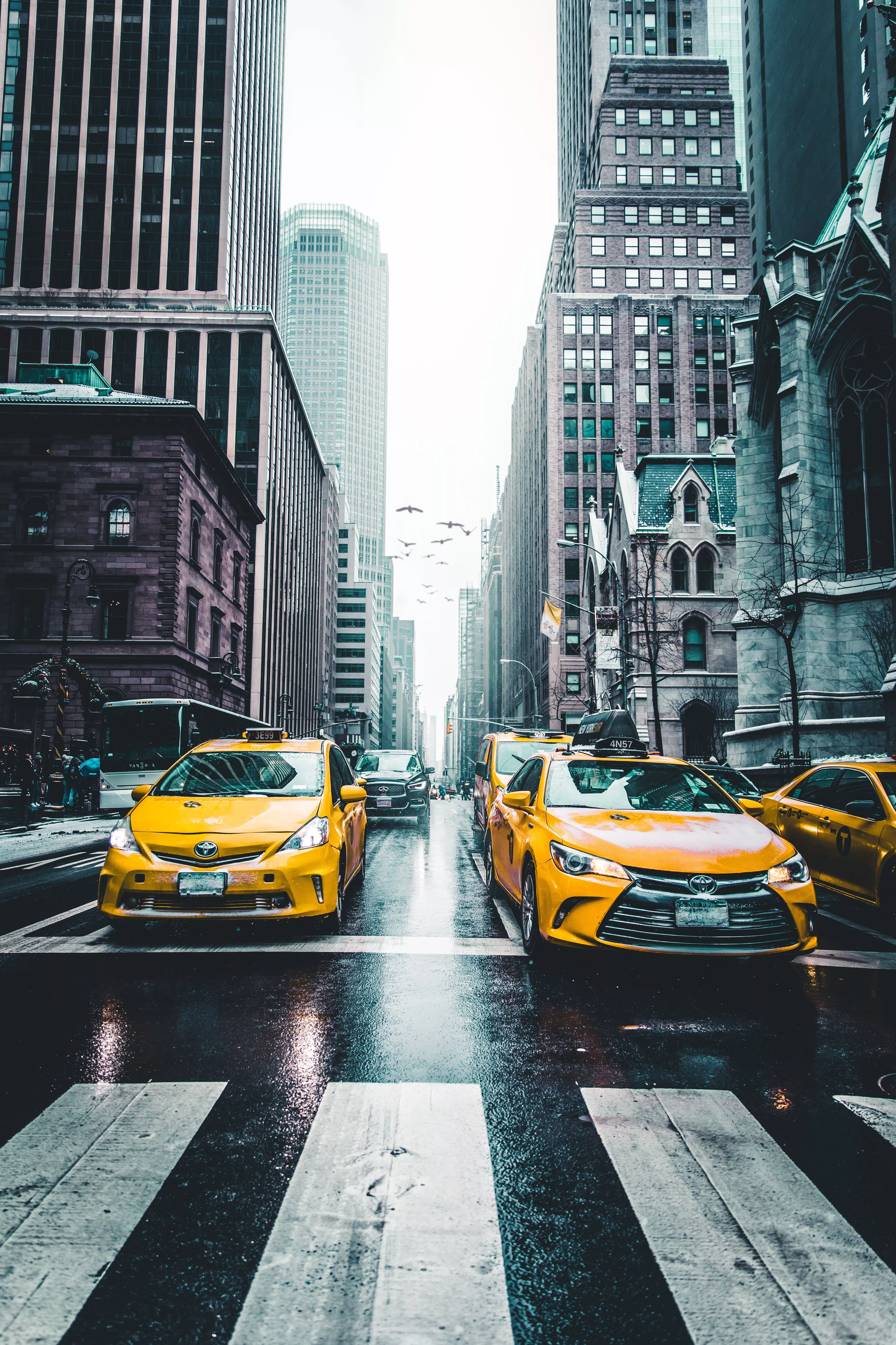 Yellow Toyota Camry, Taxi, Skyscrapers