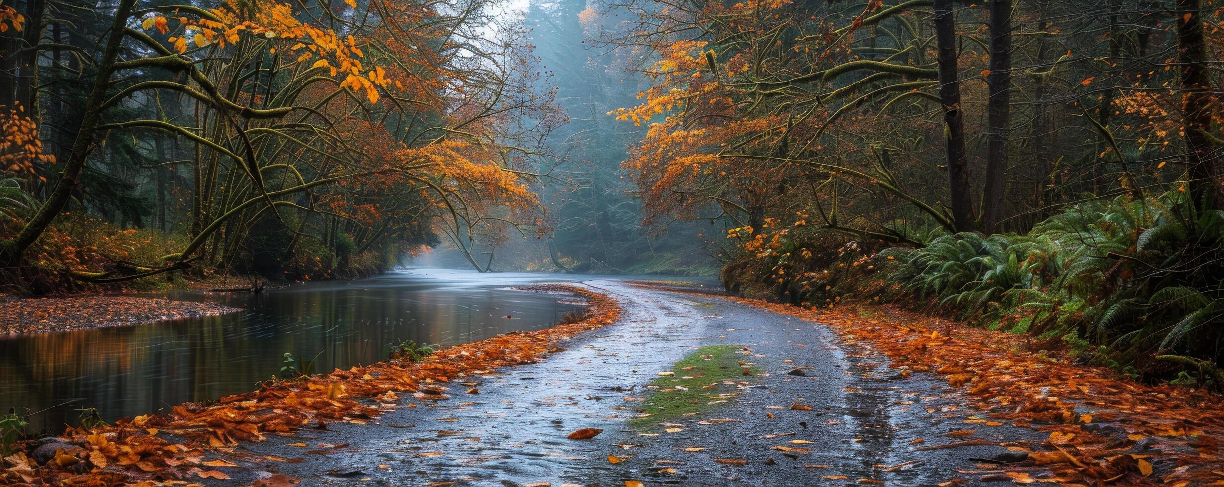 A Foggy Autumn Road Leading to a Calm