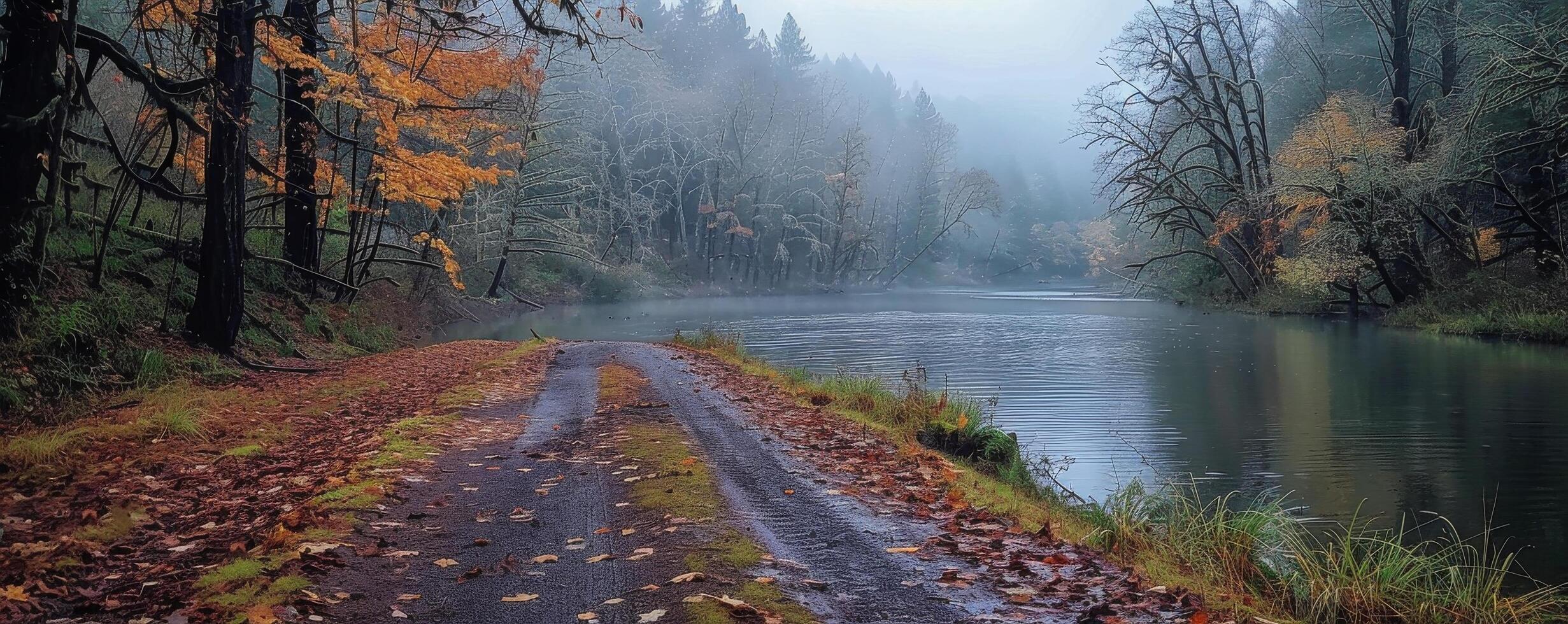A Foggy Autumn Road Leading to a Calm