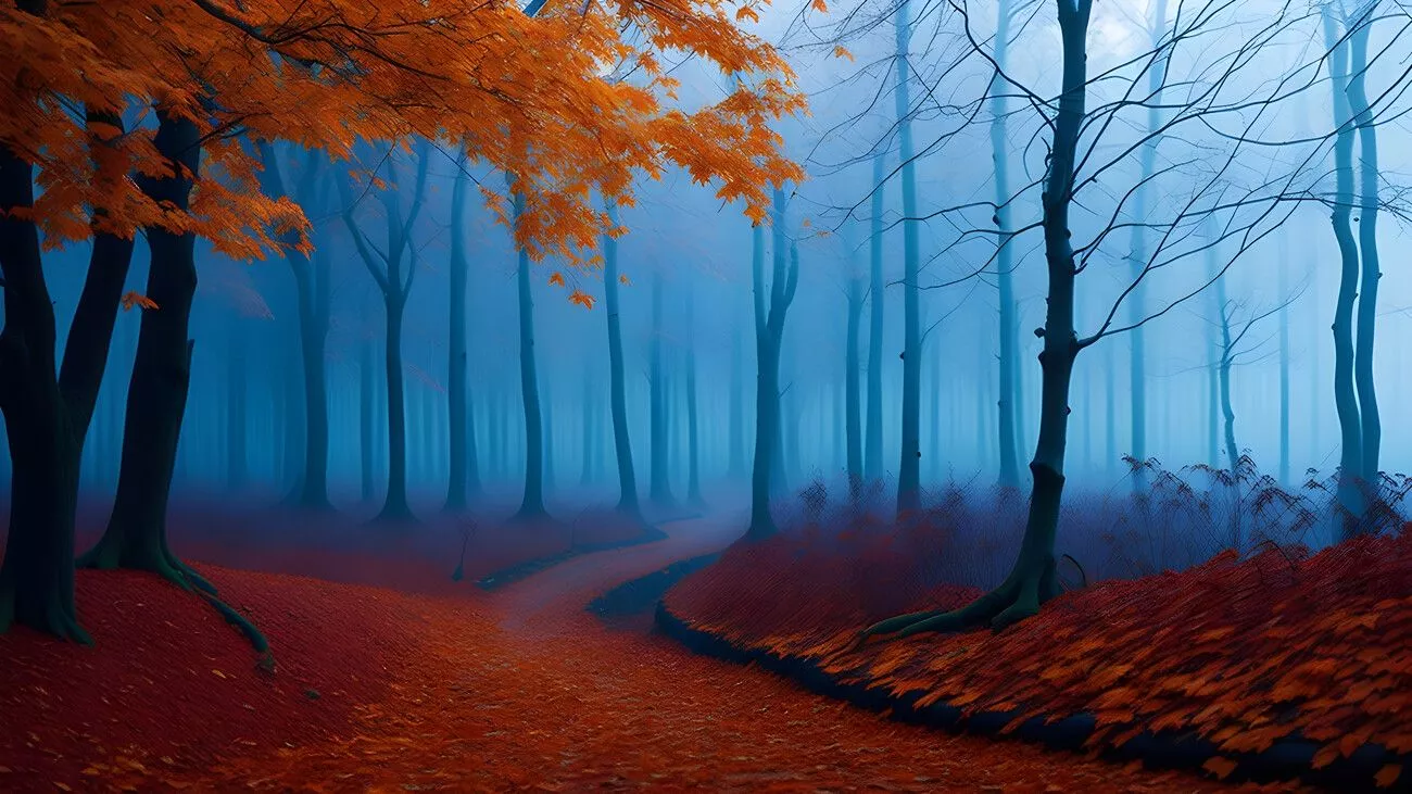 mystical forest in blue fog