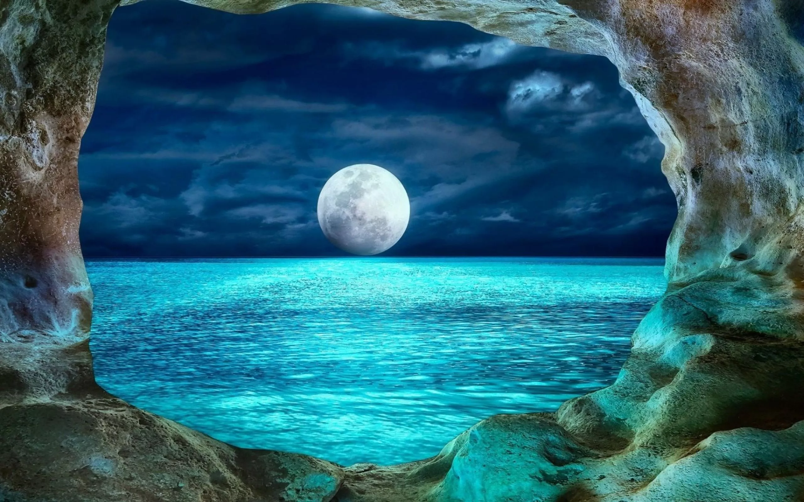 moon, cave, moon, ocean, landscape