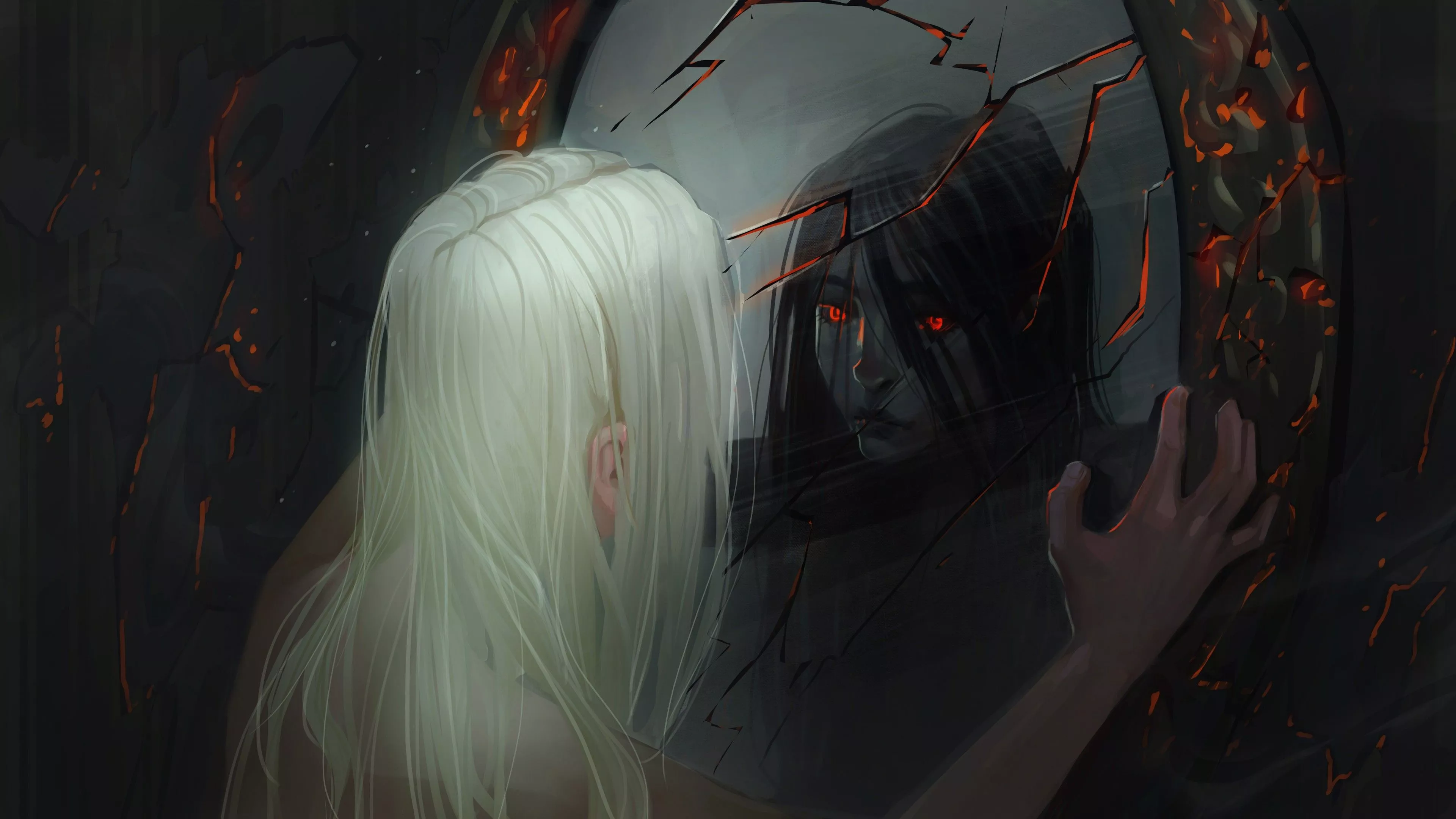 Dark Women Girl White Hair Red Eyes 4K