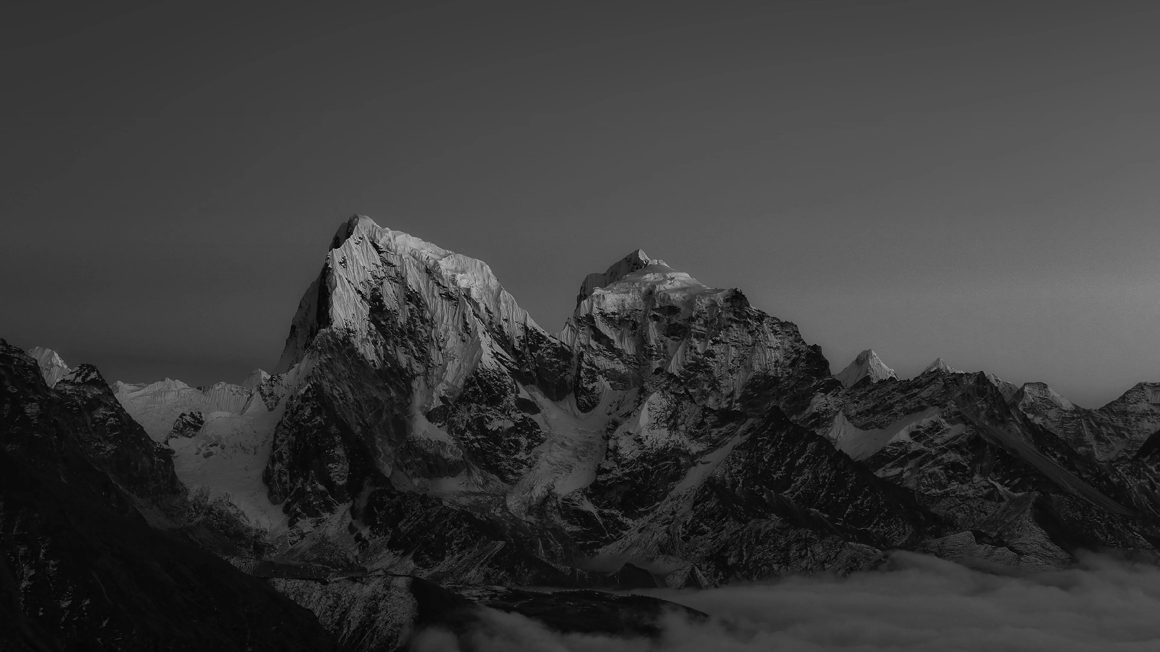 White Covered Mountains In Black Sky Background 4K HD Dark Wallpaper