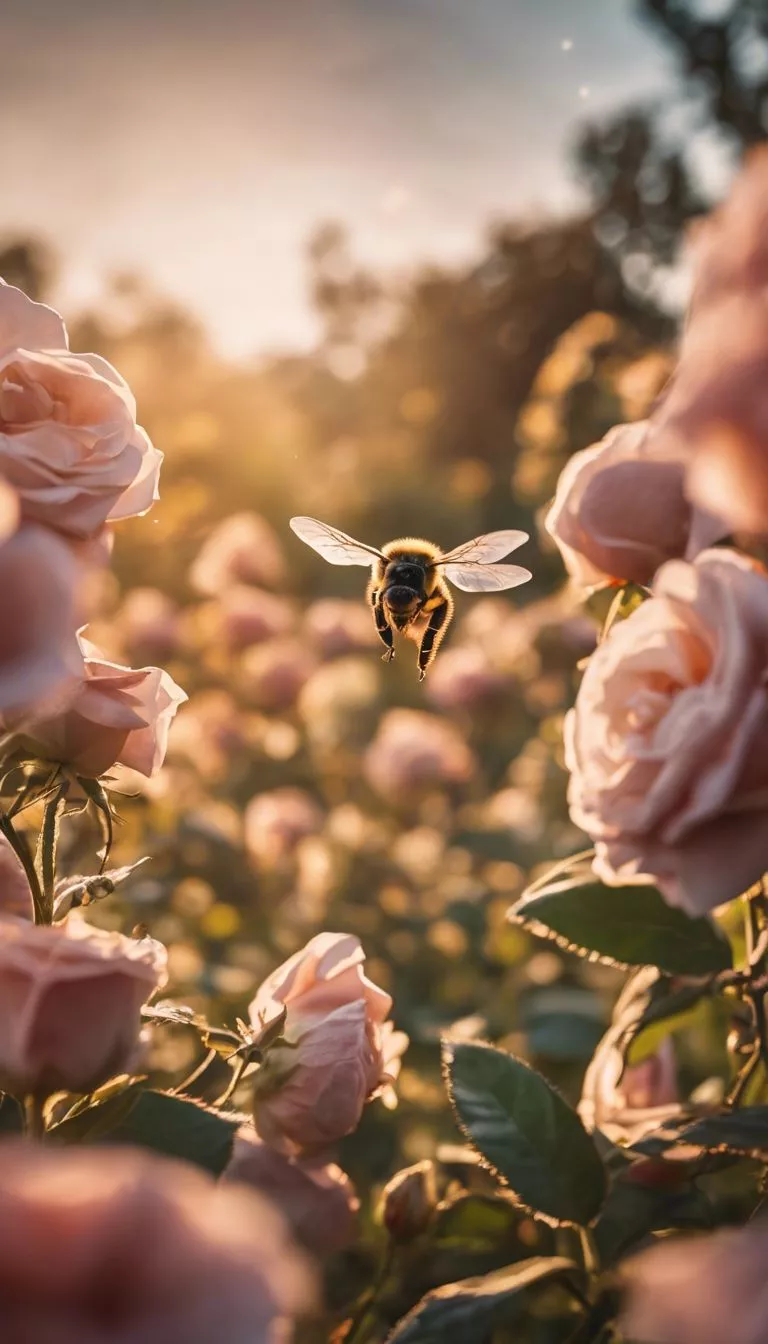 A ground view of a buzzing bee making