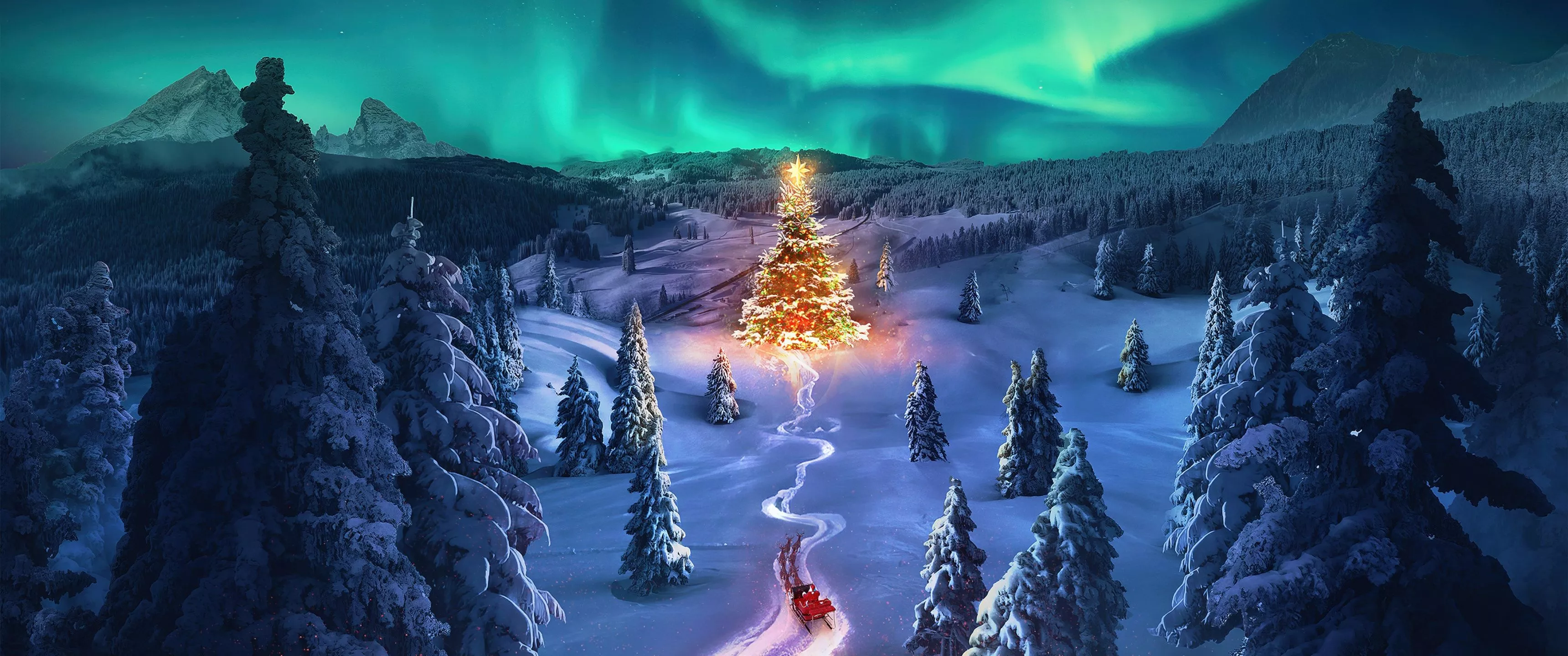 Christmas tree Wallpaper 4K, Aurora sky, Snowy Trees