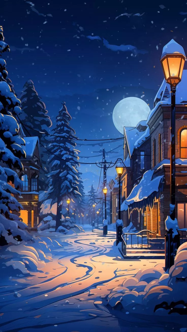 Wallpaper street, snow, lanterns, trees