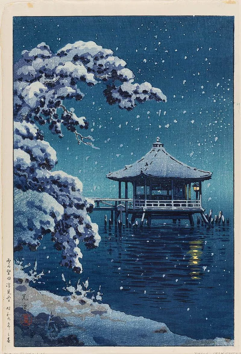 Japan art, asia, drawing, lake, landscape, oriental, painting, snow, winter, HD phone wallpaper