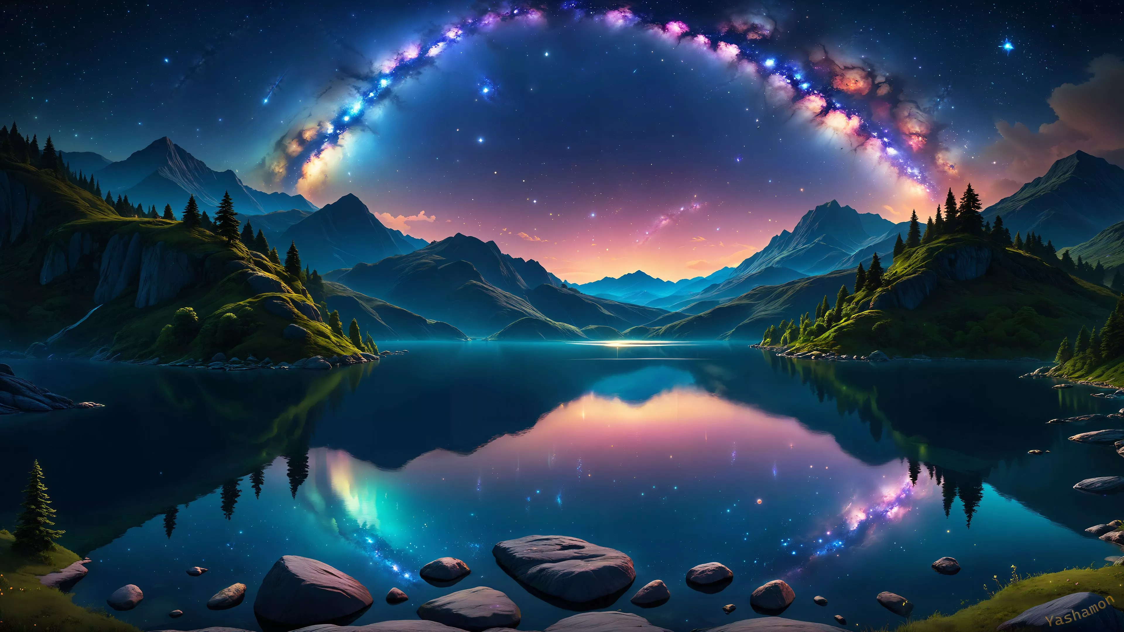 Mirror Lake Wallpaper 4K, Dreamlike, Rainbow, Surreal