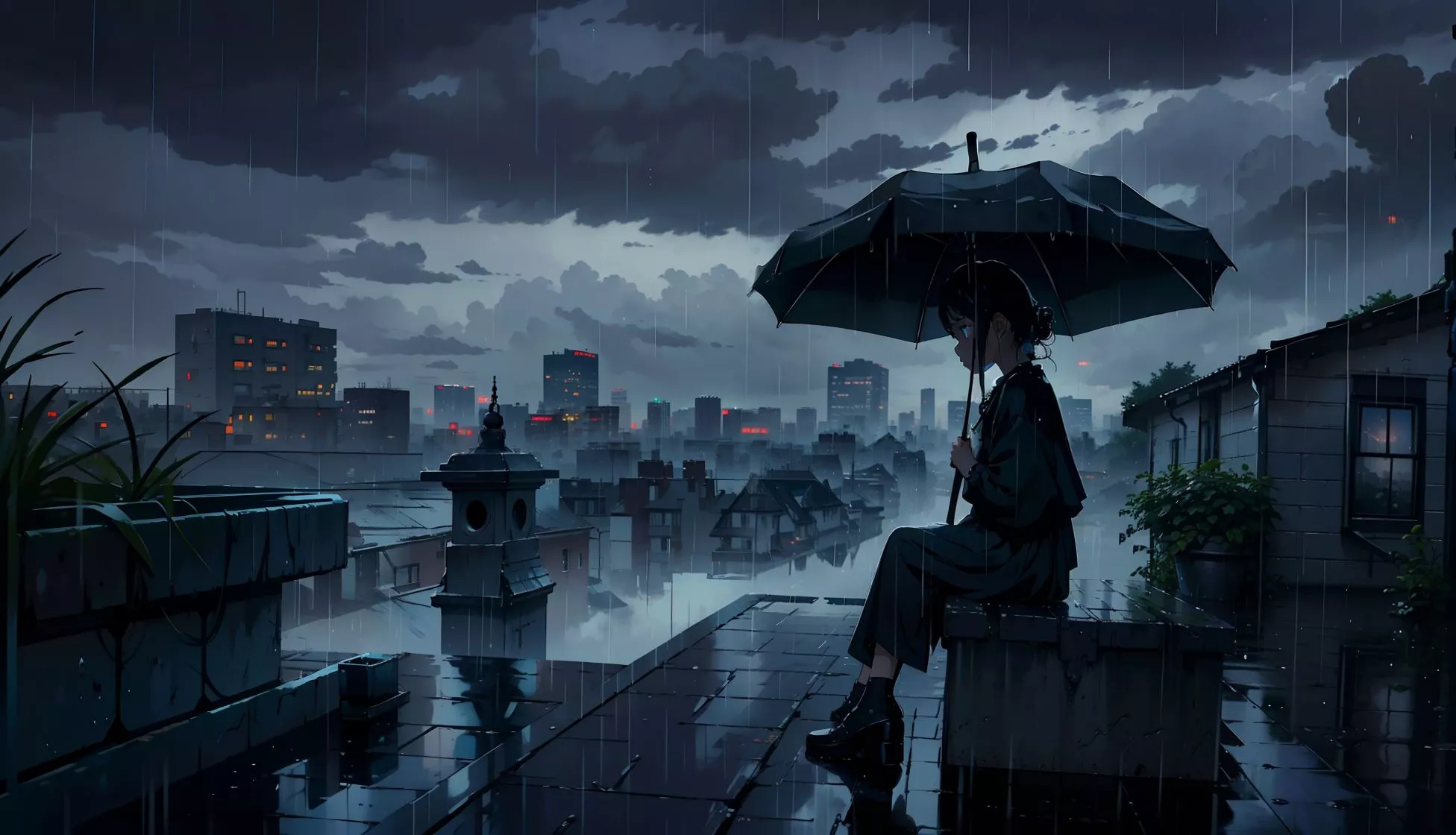HD Sad Anime Girl in Dark Rain