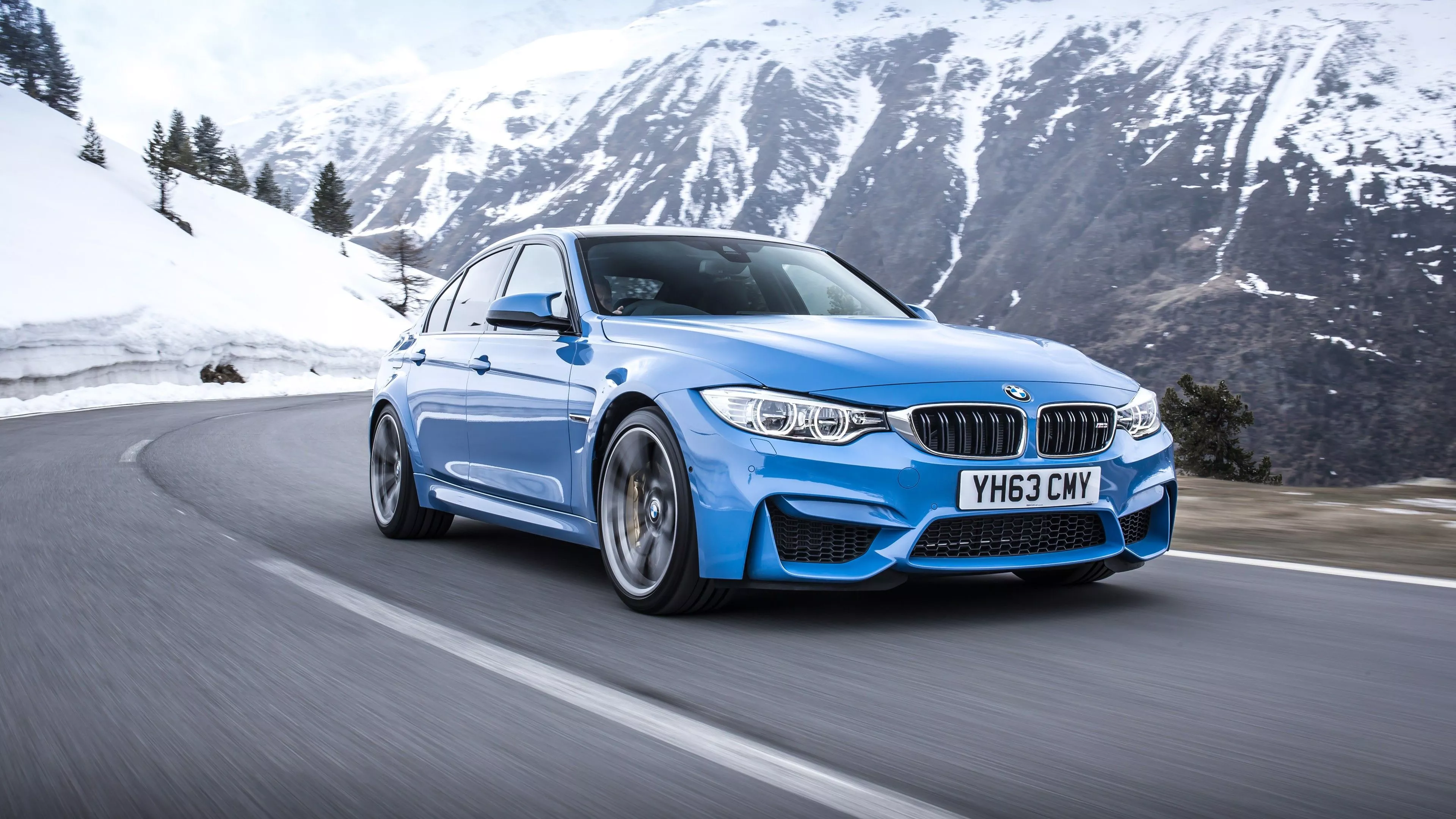 Blue BMW M3 Car Snow Capped Mountains