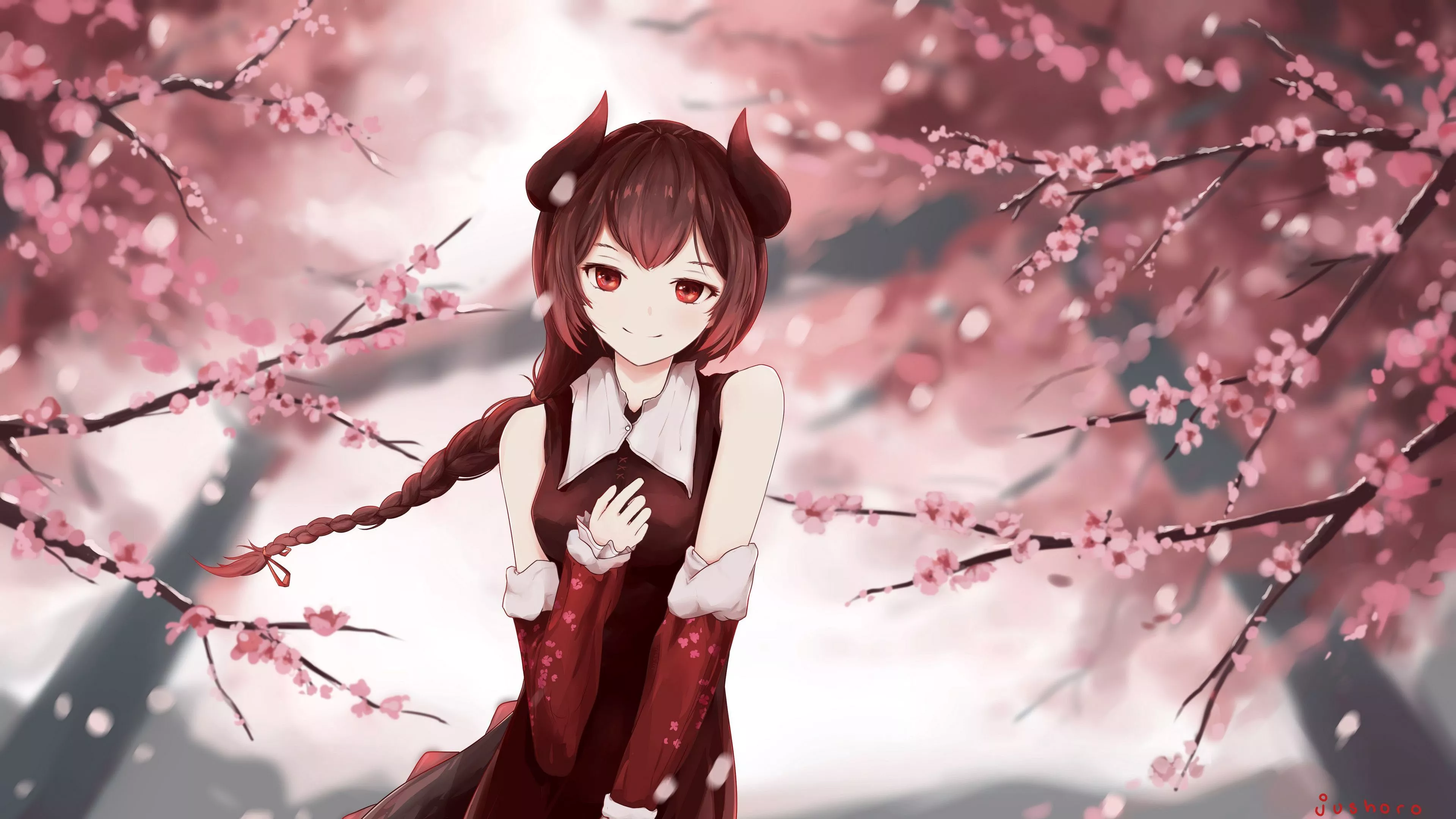 Redhead Red Eyes Anime Girl Red Dress Sakura Flowers Background 4K HD Anime Girl Wallpaper