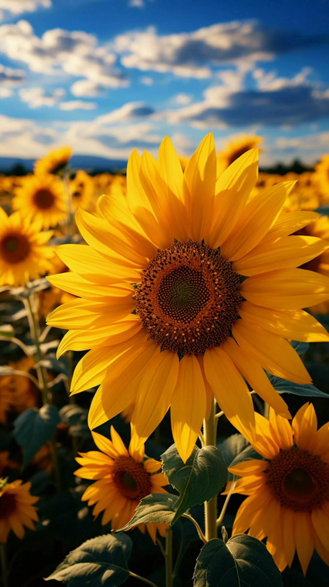 Brilliant yellow sunflowers sway in a