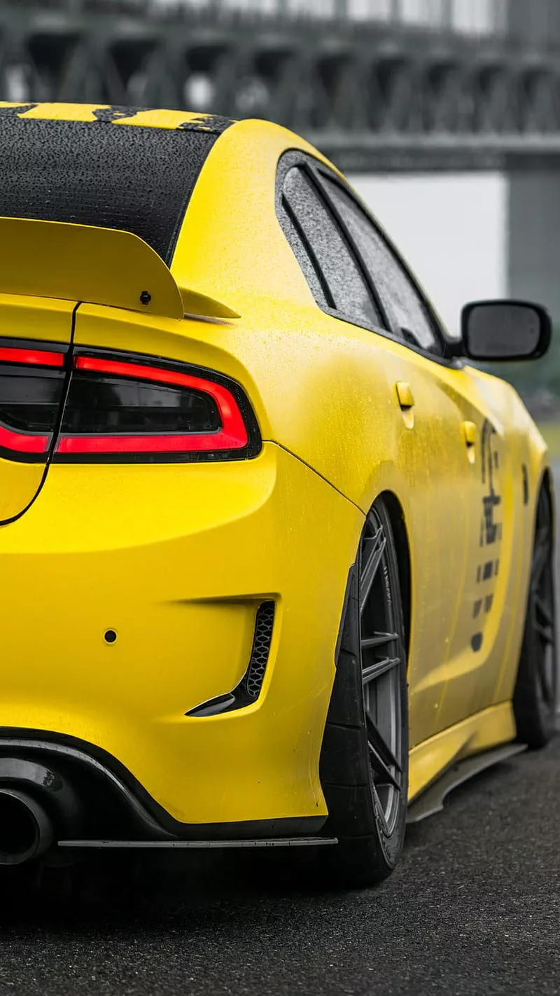 Yellow Hellcat, dodge, charger, muscle