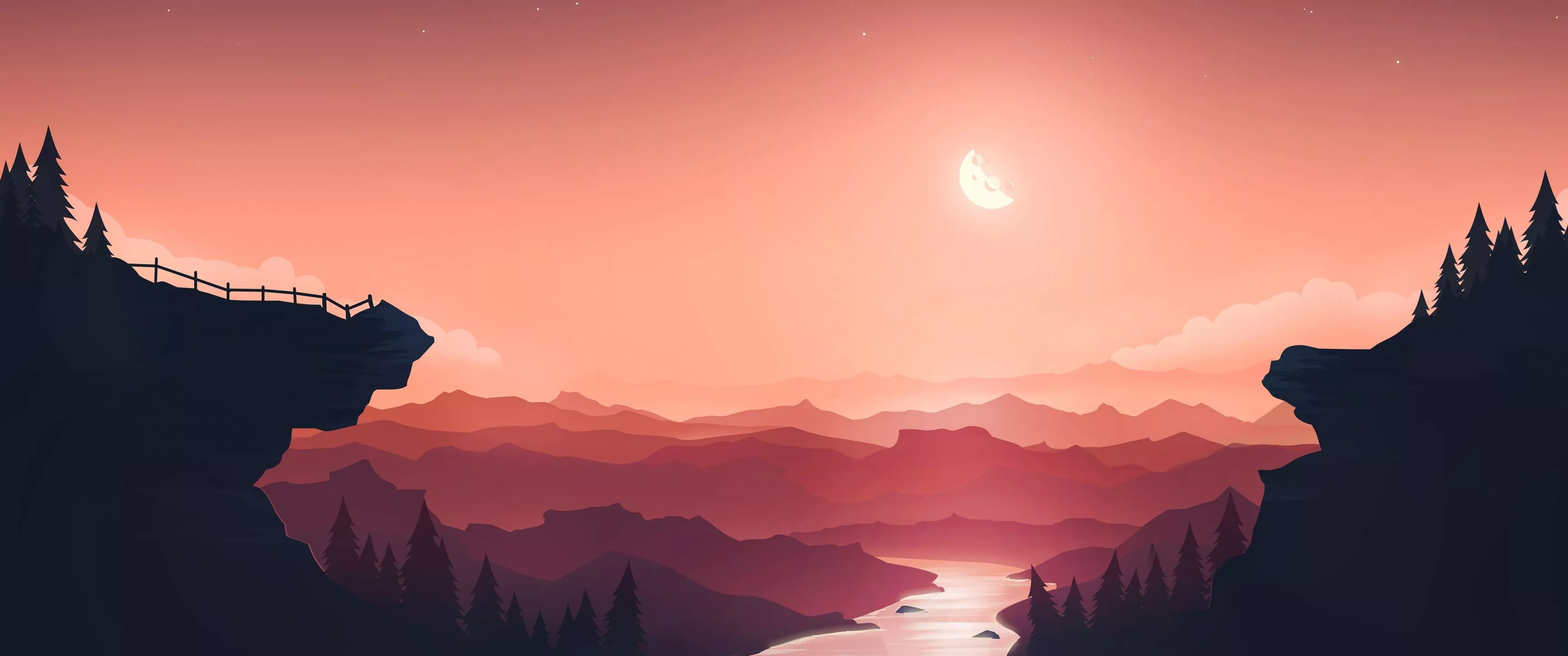 Sunset Wallpaper 4K, Moon, River, Mountains