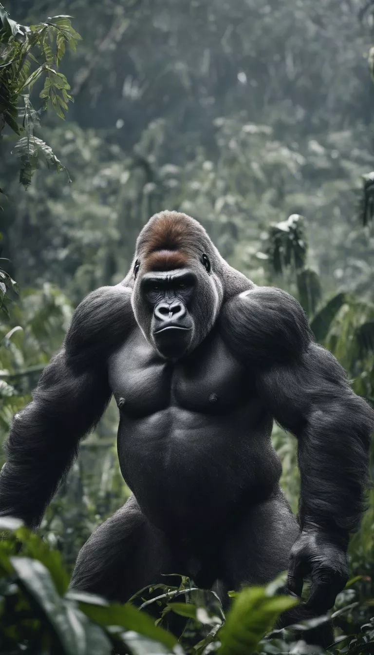 A towering silverback gorilla standing