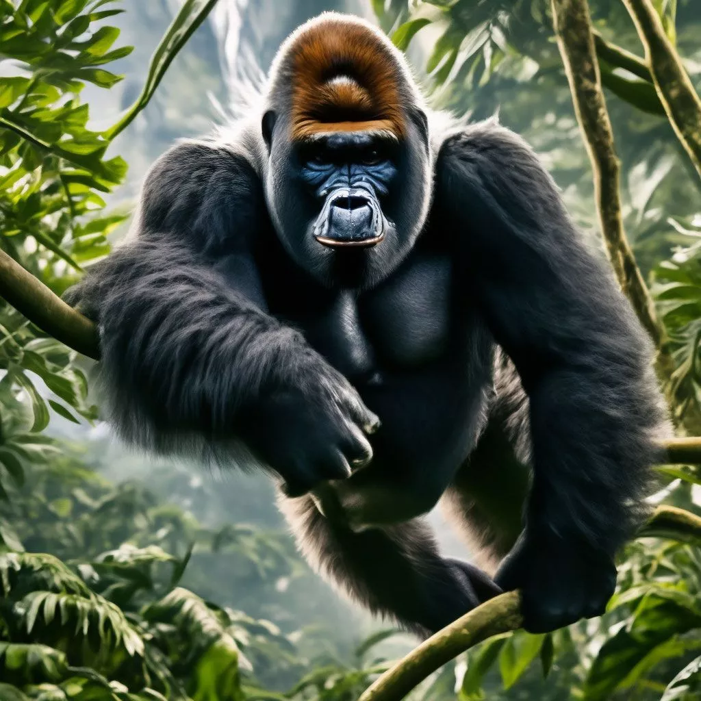 Huge gorilla, flying on a vine in