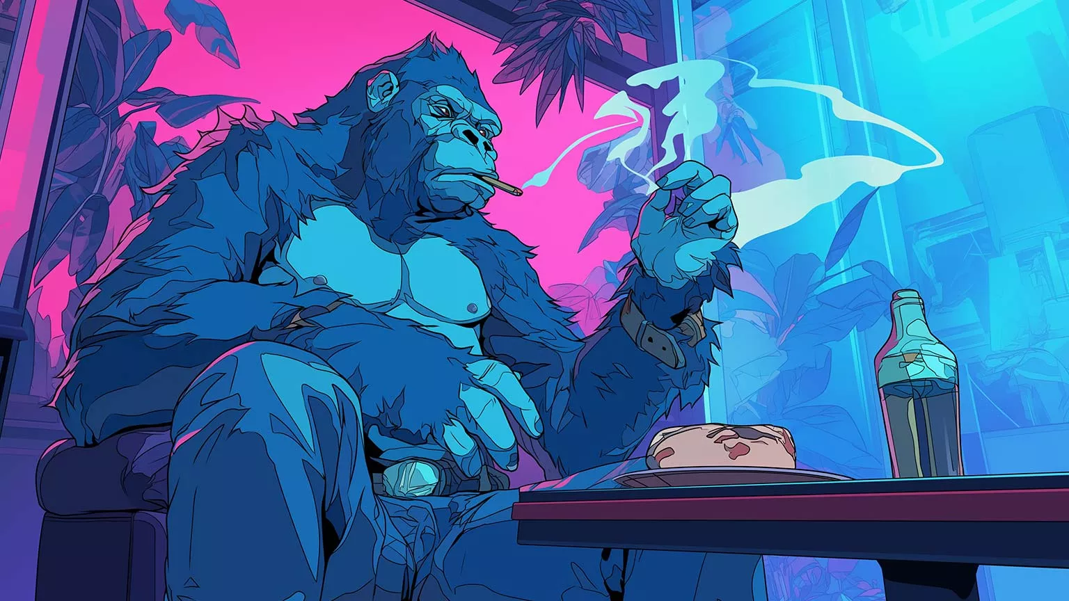 Gorilla Smoking at Table Art Desktop
