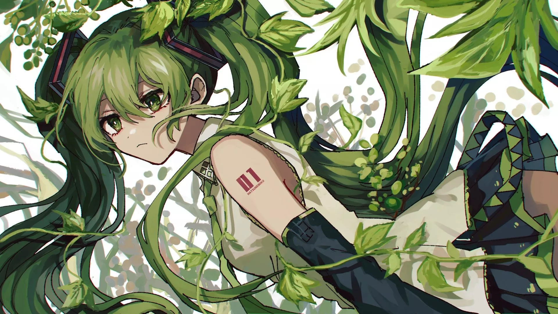Green Eyes Hair Anime Girl Leaves HD
