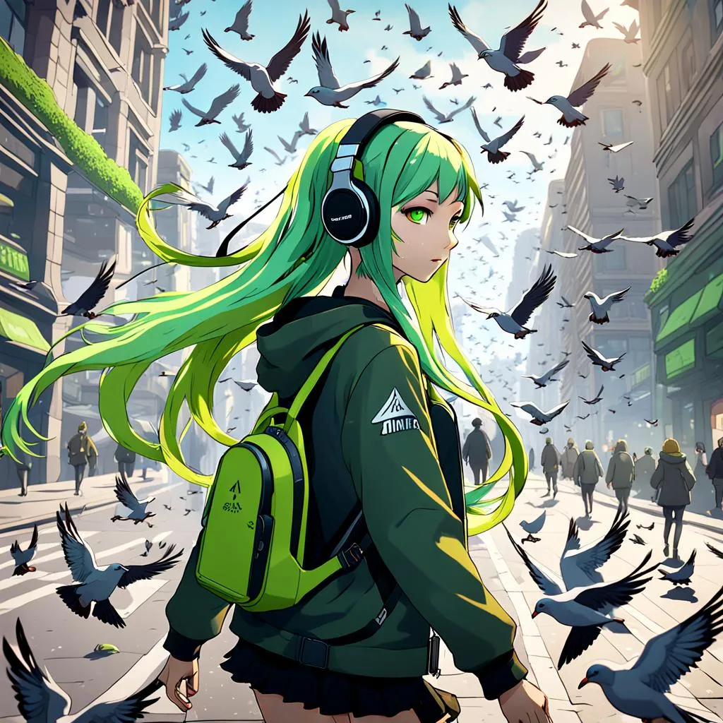 Anime girl with long lime green hair