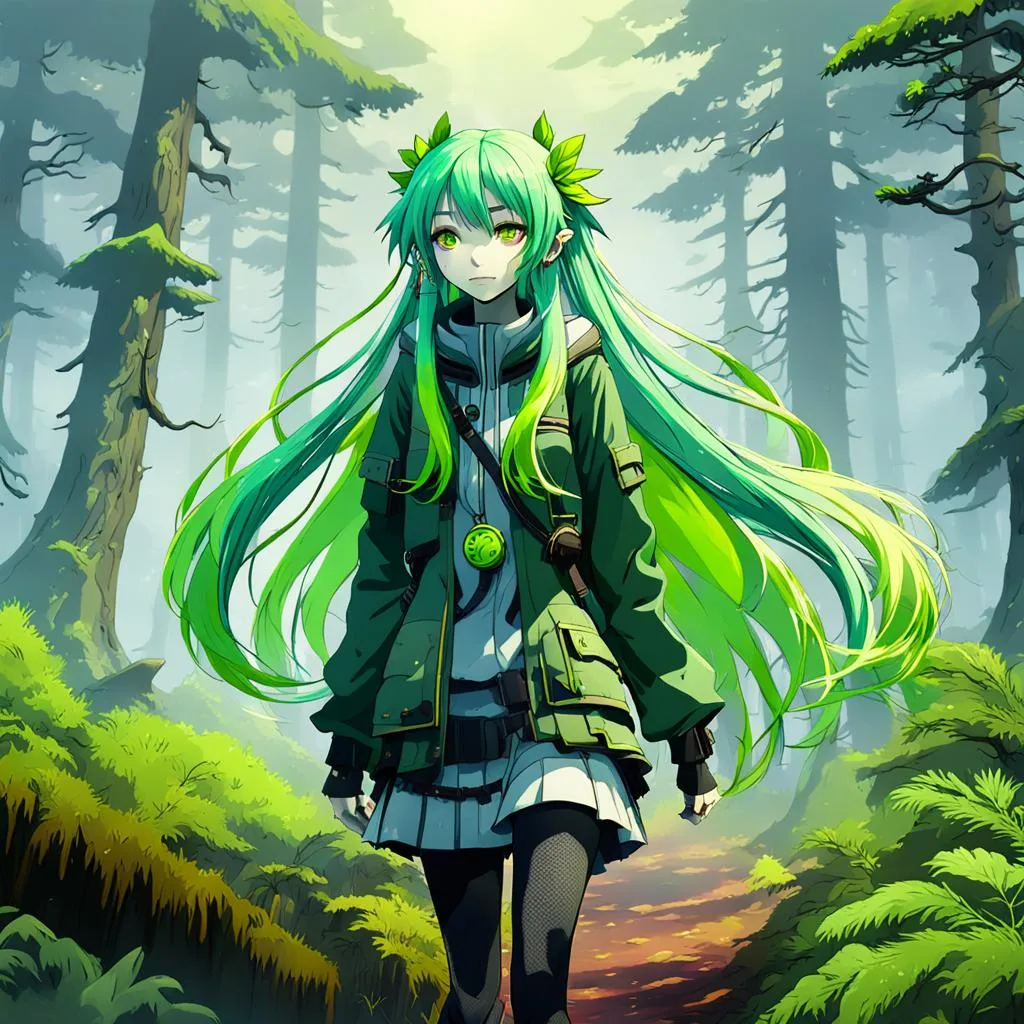 Anime girl with long lime green hair
