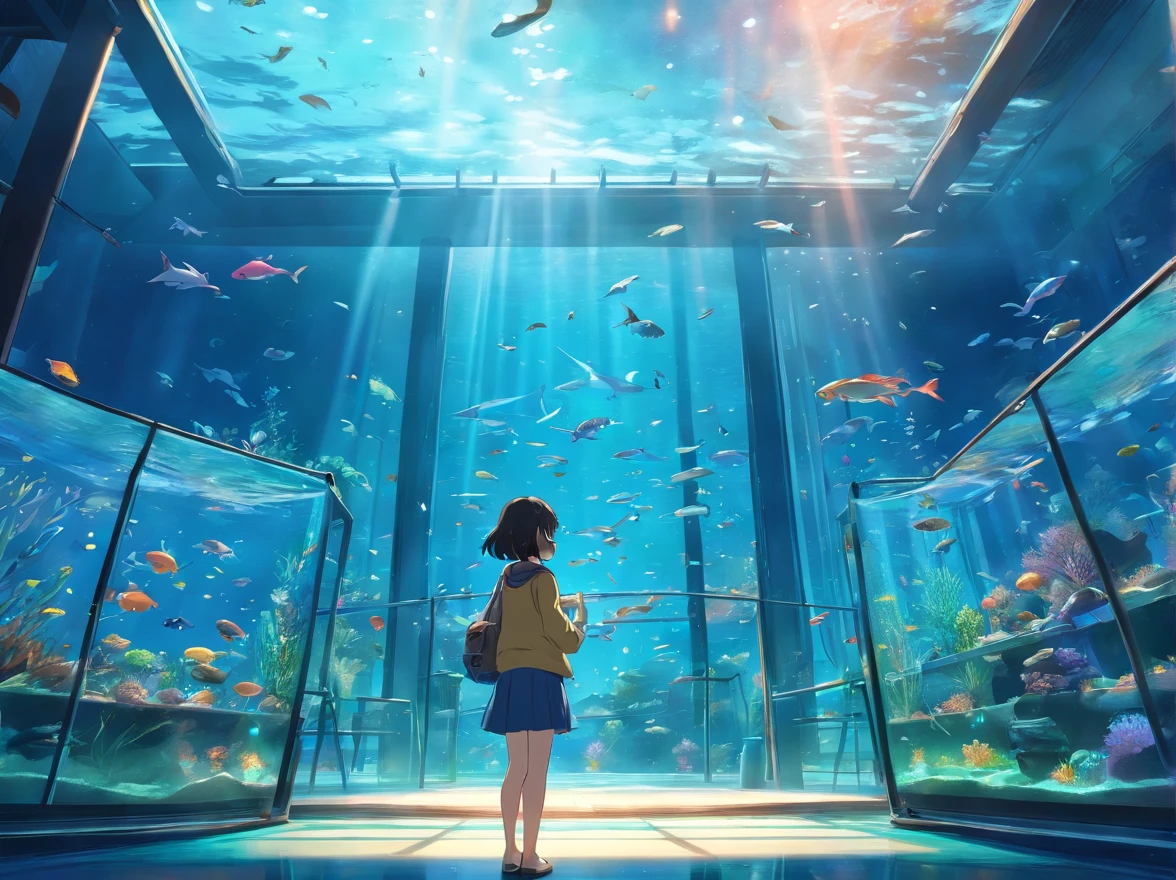 Anime girl looking at fish in aquarium