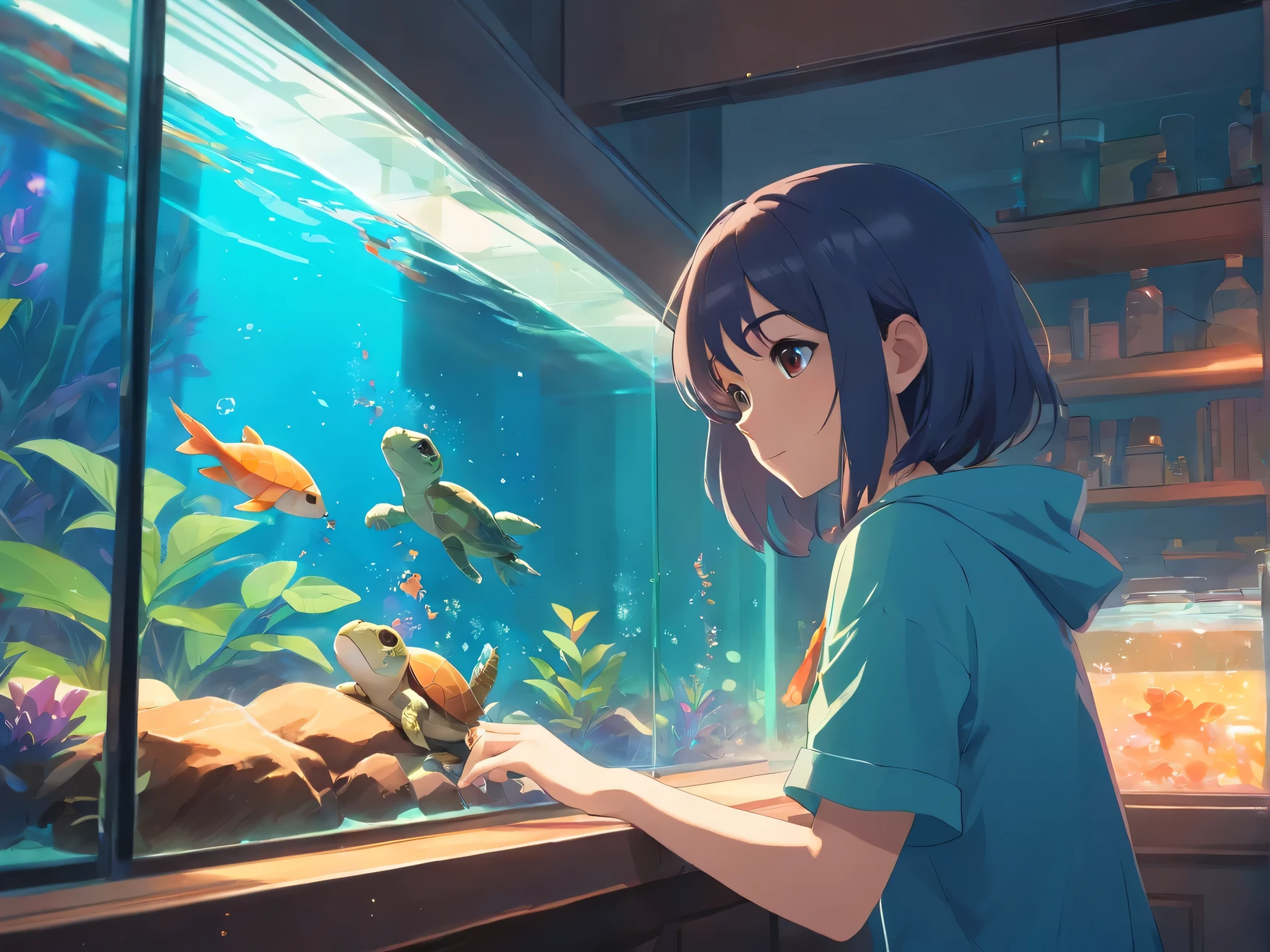 Anime girl looking at fish in aquarium