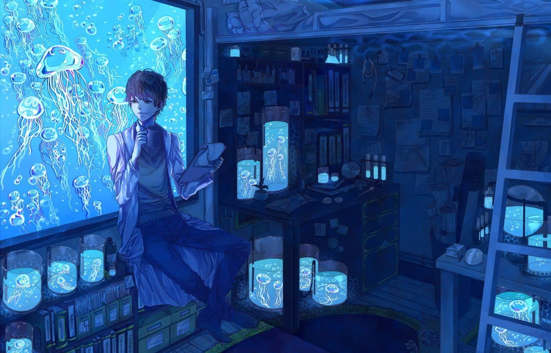 Anime Boy And Jellyfish Aquarium