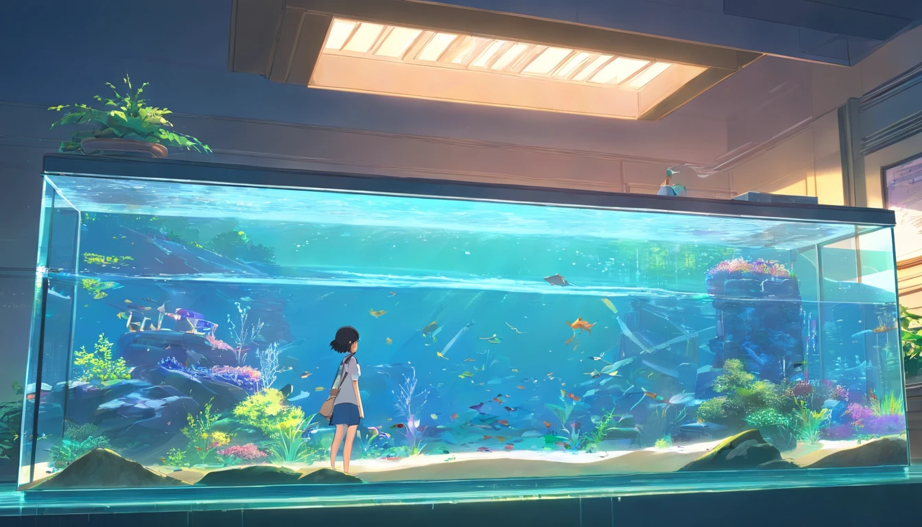 Anime girl looking at fish in aquarium