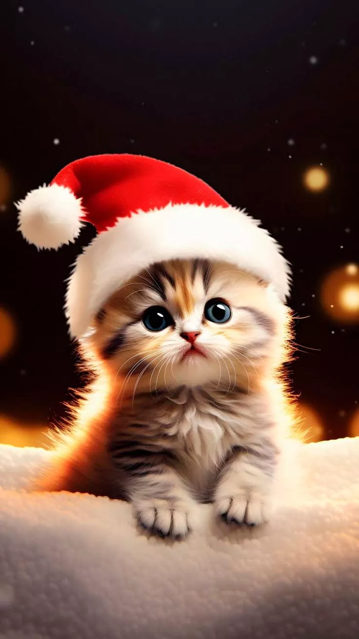 Cute Cat Christmas Hat iPhone Wallpaper 4K
