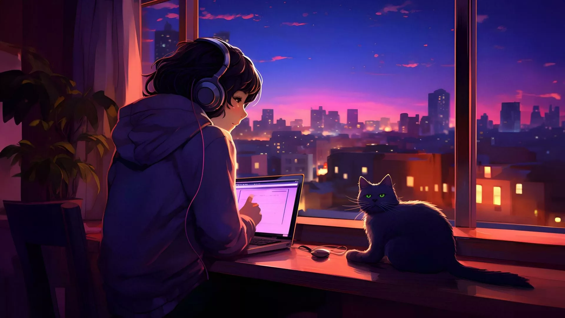 Lofi girl Wallpaper 4K, Night, Cat