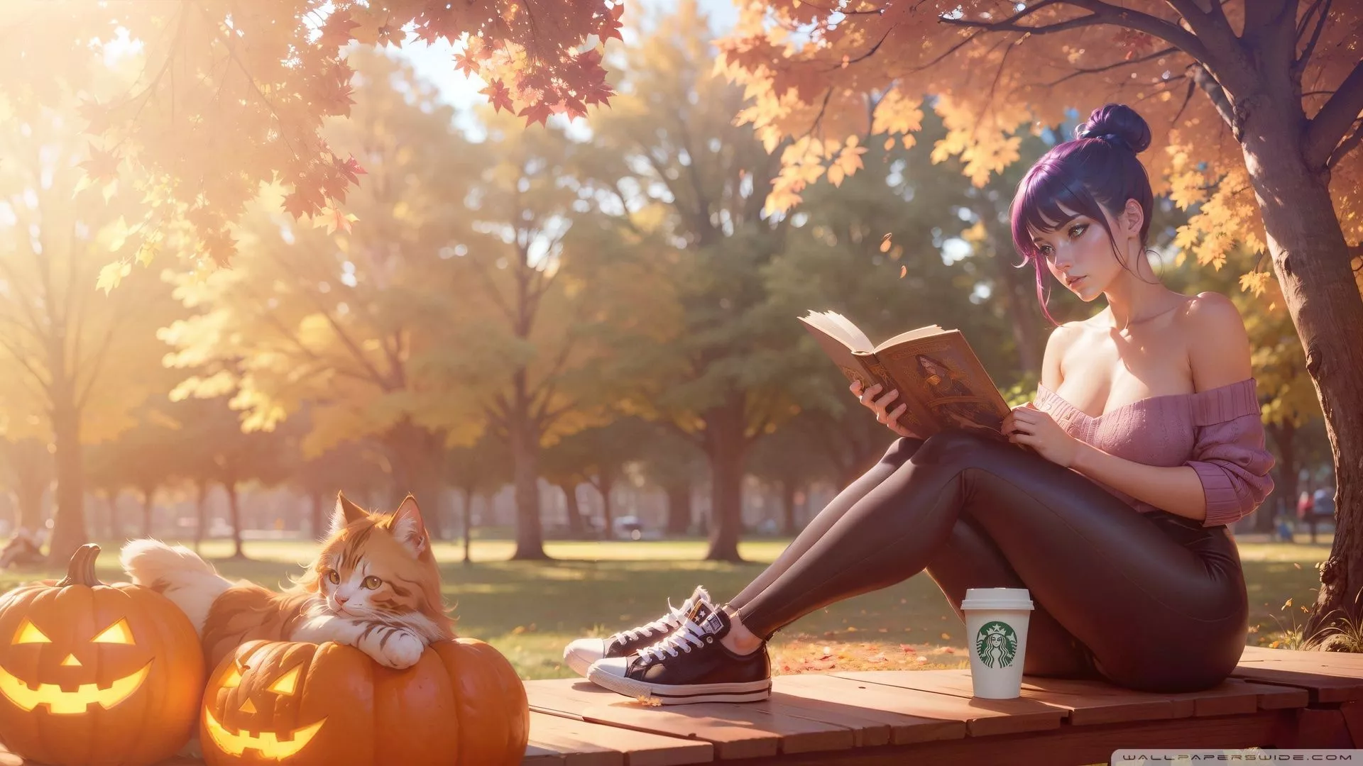 Girl, Cat, Halloween Anime Art 4K UHD Wallpaper for UltraHD Desktop and TV