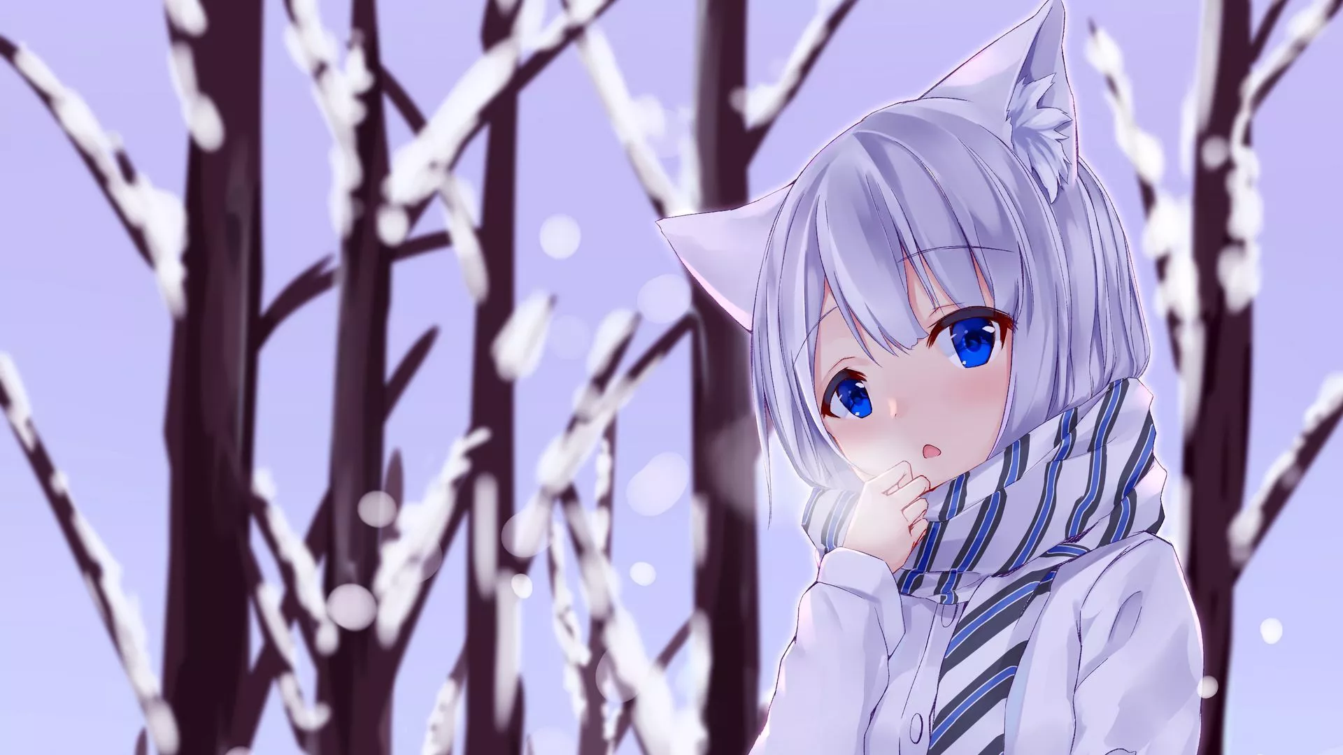Download wallpaper 1920x1080 girl, neko, ears, winter, cold, snow, anime full hd, hdtv, fhd, 1080p HD background