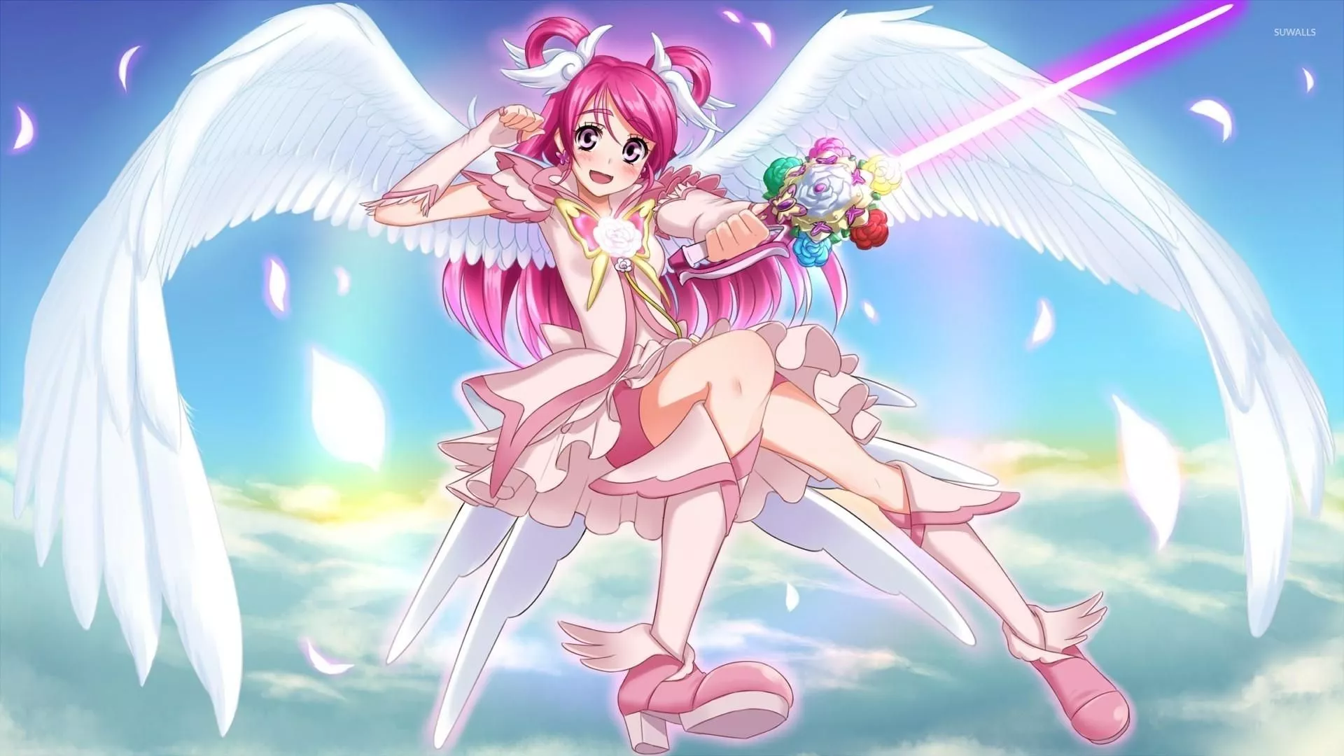 Angel with pink hair holding a magical