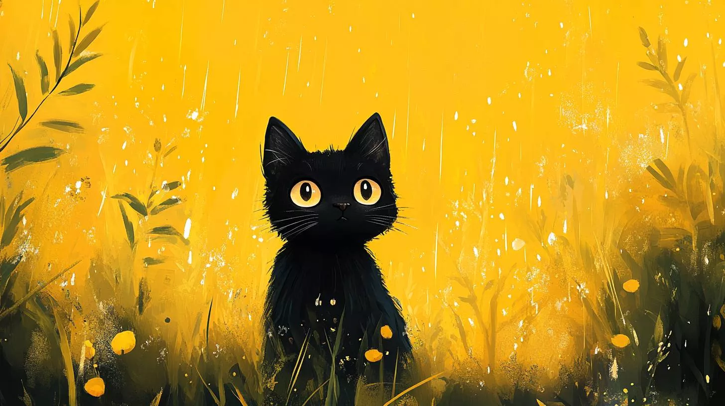 A cute black cat relaxing on a yellow