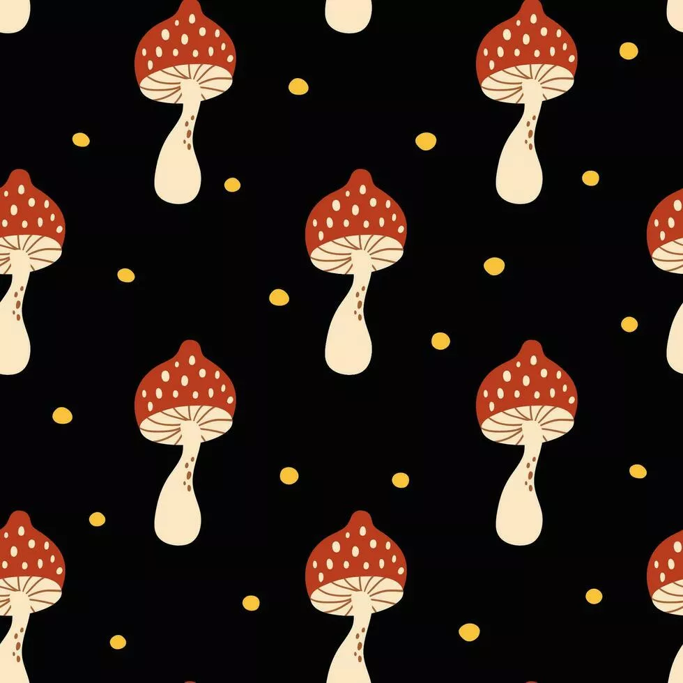 Mushroom pattern. Fall seamless vector print with cute cartoon forest fly agaric in dark background. Hand drawn autumn repeat wallpaper, textile design, fabric, wrap paper. Dark academia concept. Vector Art