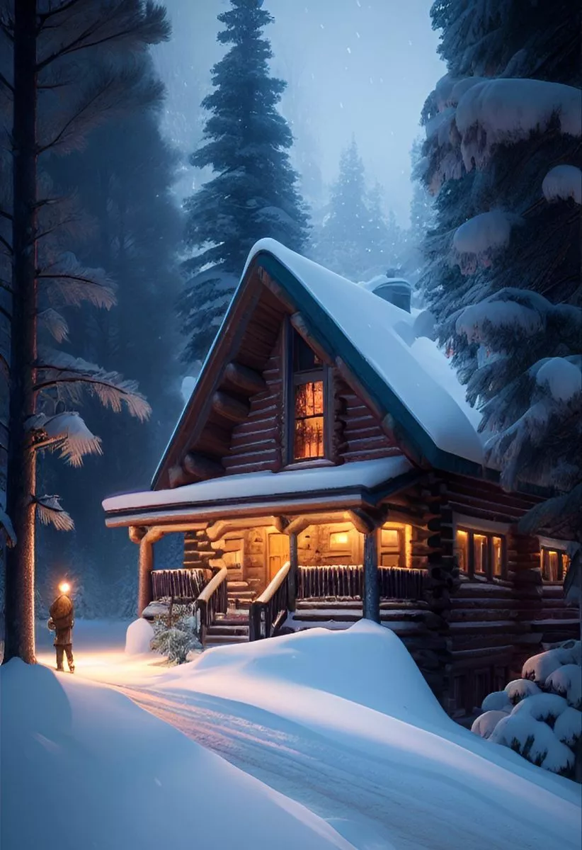 Snowy log cabin mood