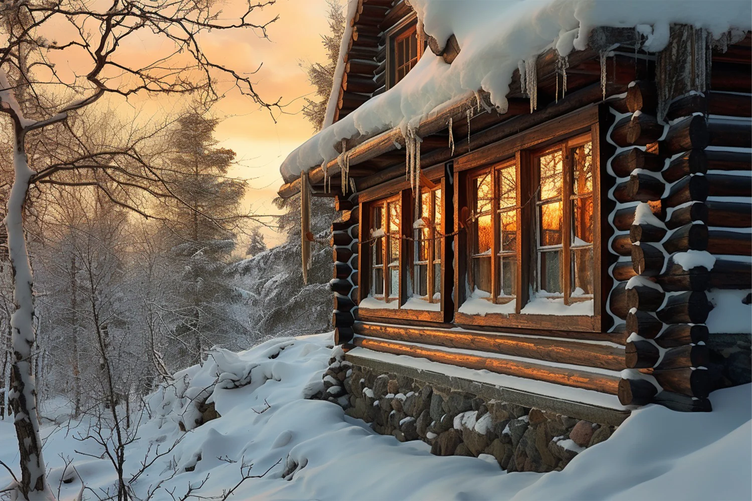 Winter Sunlit Wooden Cabin Snowy Trees