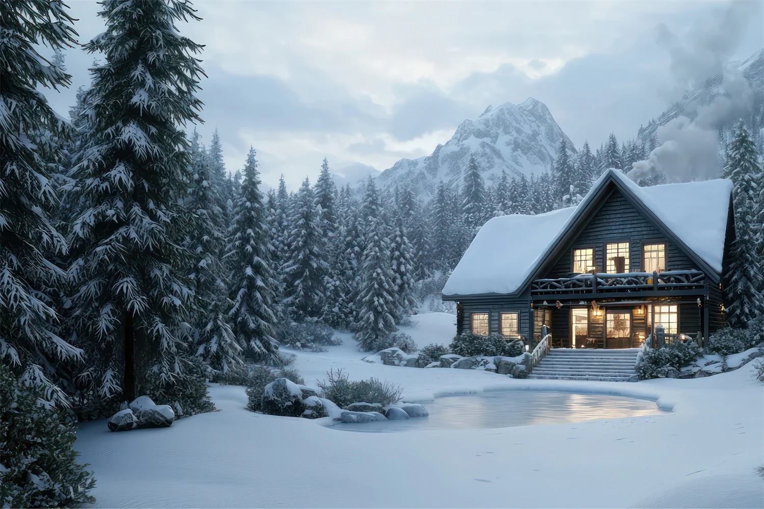 Winter Backdrops Log Cabin Snowy Woods
