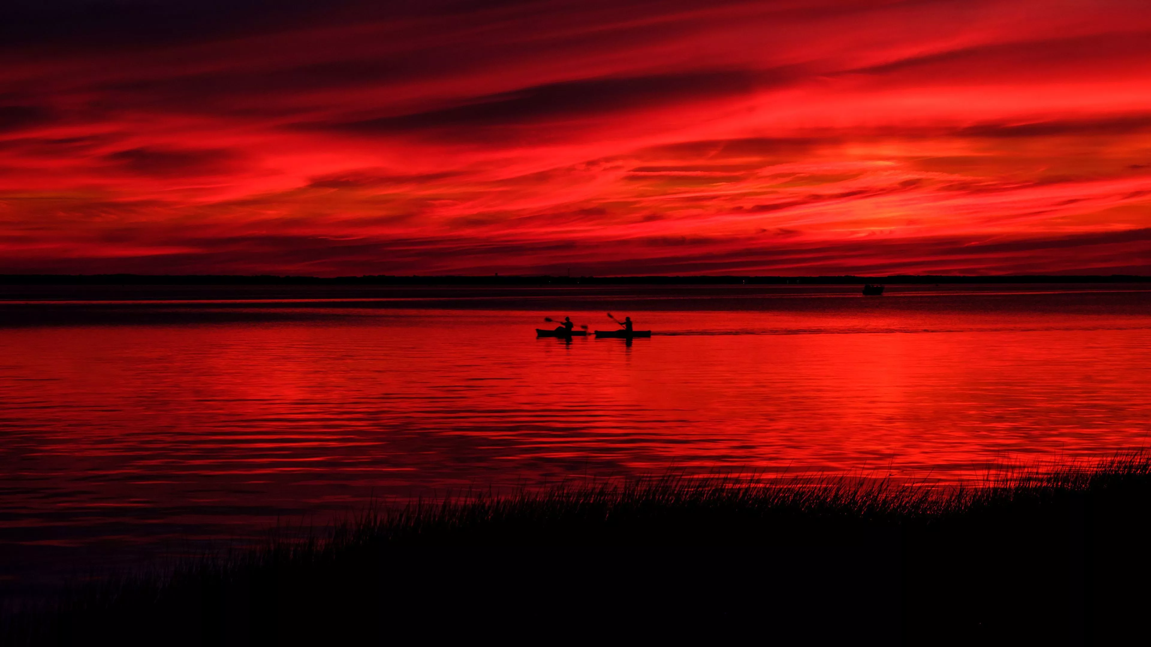 Boats, Red, Silhouette, Dark