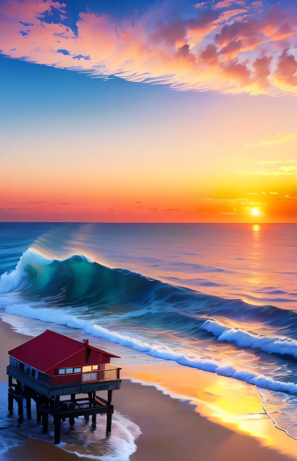 Sunset over the ocean with a pier and a