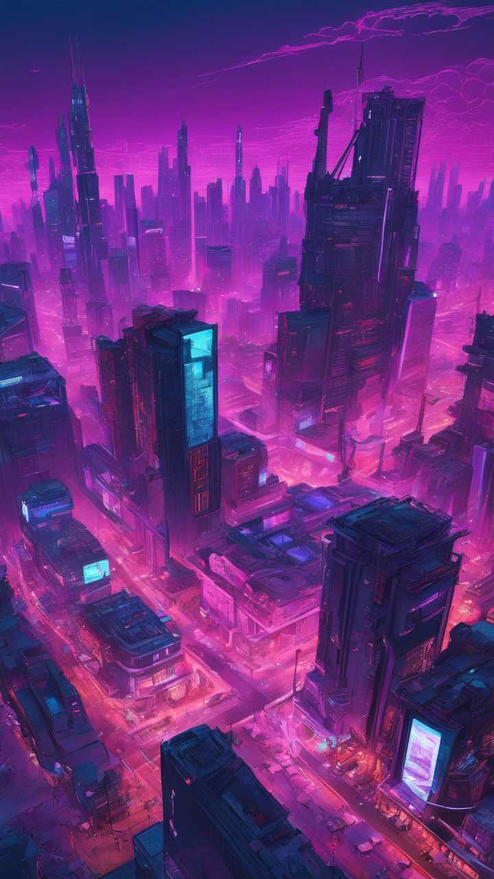 An aerial view of a sprawling cyberpunk