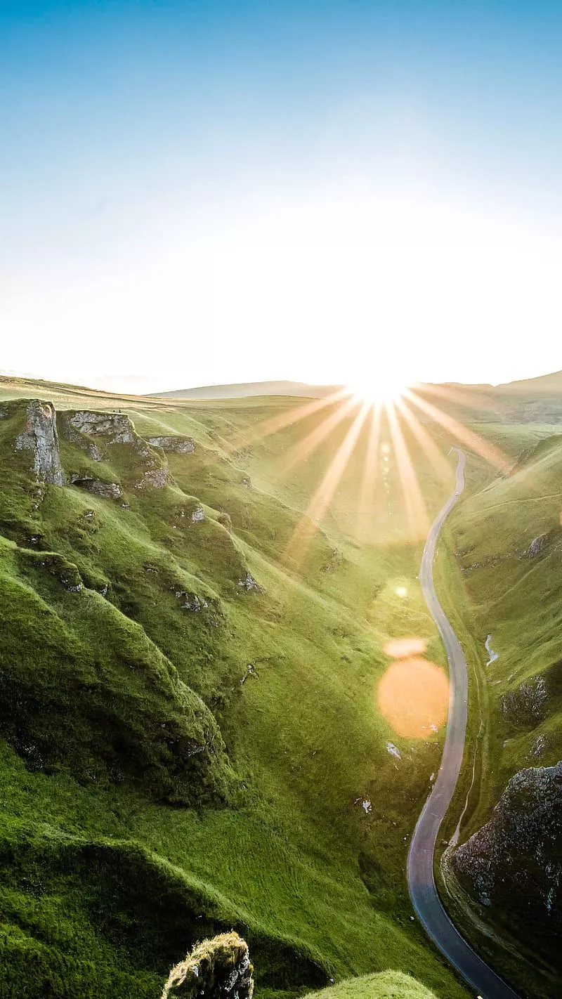 Sun shine, color, colors, fantasy, green, nature, rays, rising, sun, valley, HD phone wallpaper