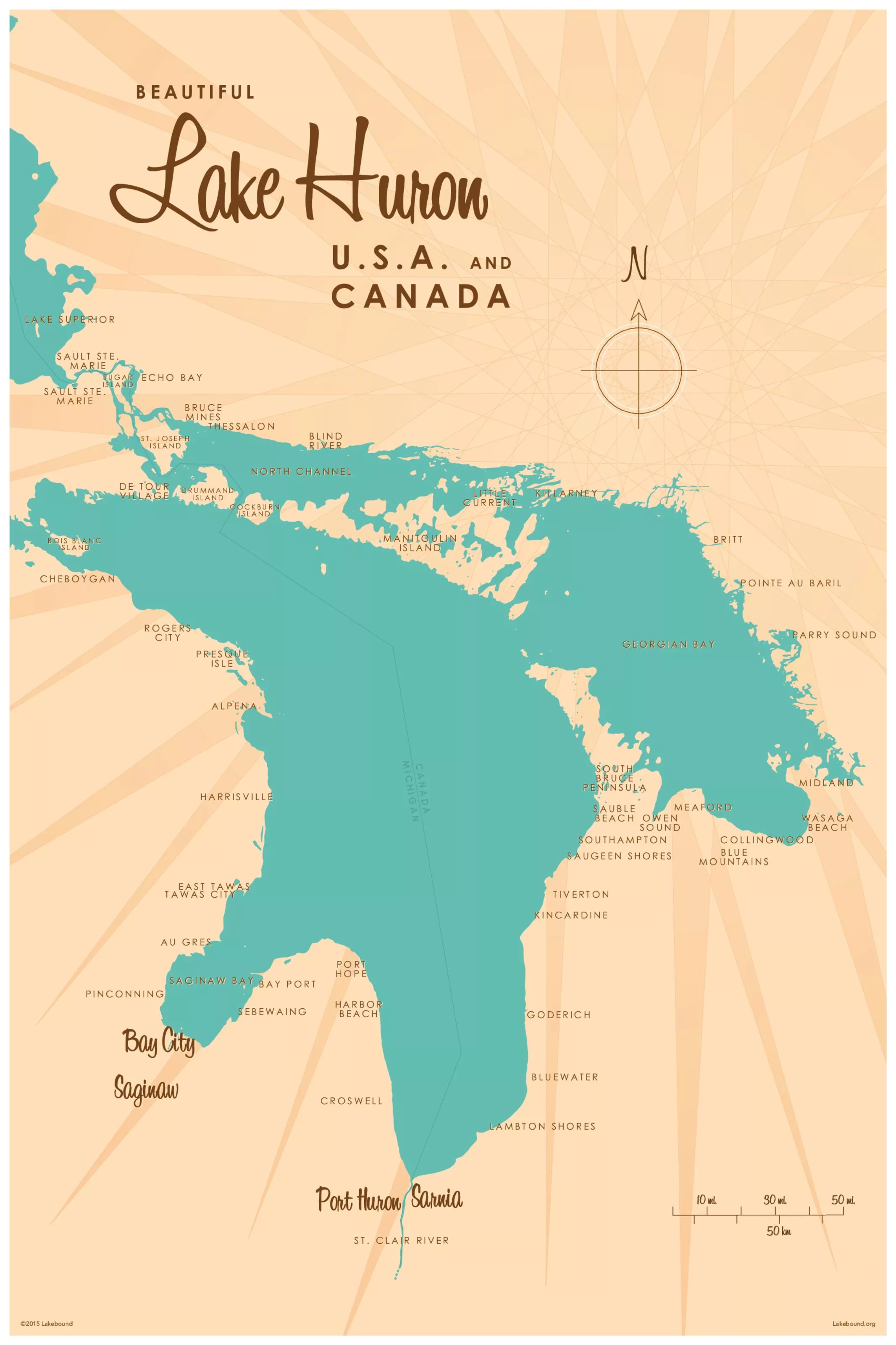 Lake Huron, MI Lake Map Wall Mural