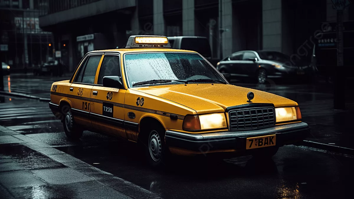 Yellow Taxi Parked In A Rainy Street