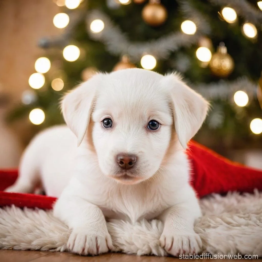 Cute Puppy by Christmas Tree. Stable